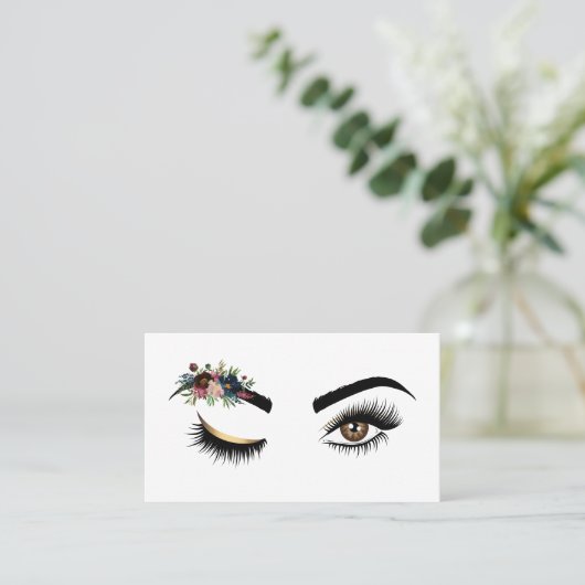 長いまつげ美しい目と水色の花 名刺 (スタンド正面)