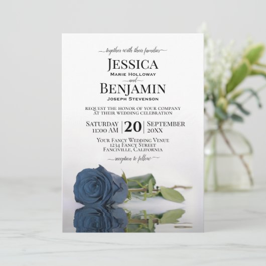 長いステムダステスティスチールブルーバラエレガントな結婚式 招待状 (スタンド正面)