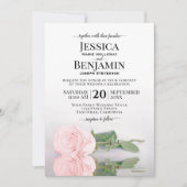 長いステムピンクのローズエレガントな結婚式 招待状 (正面)