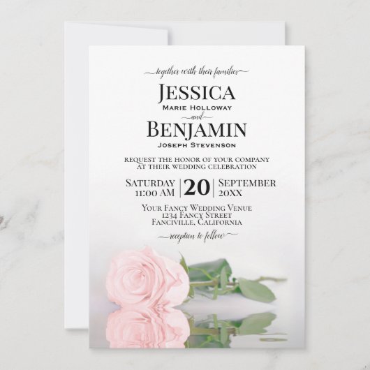 長いステムピンクのローズエレガントな結婚式 招待状 (正面)