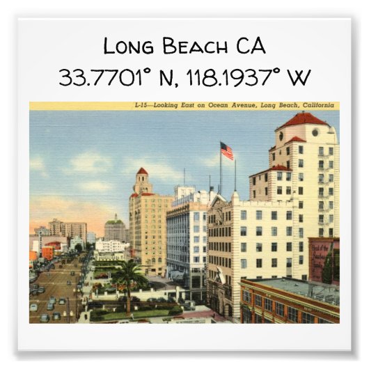 長いビーチCAマップ座標ヴィンテージスタイル フォトプリント (正面)