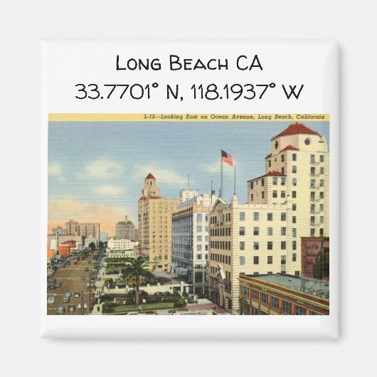 長いビーチCAマップ座標ヴィンテージスタイル マグネット (正面)