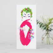 長いピンクの手袋を持つヴィンテージ女性クリスマスカード (スタンド正面)