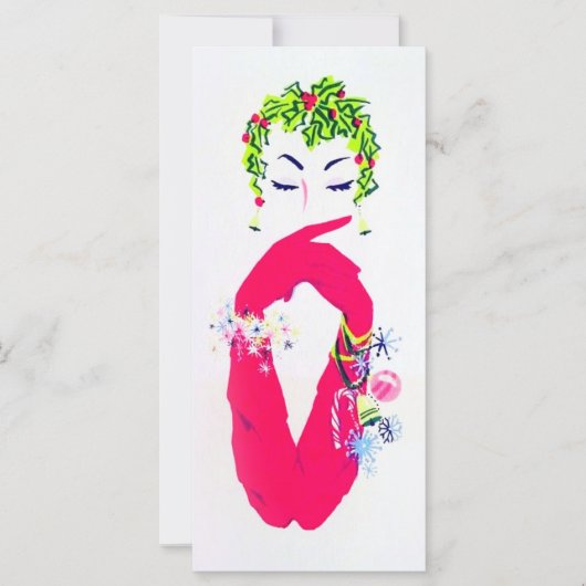 長いピンクの手袋を持つヴィンテージ女性クリスマスカード (正面)