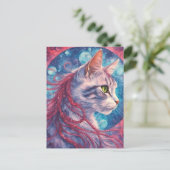 長いピンクの髪の編み物を持つ猫 ポストカード (スタンド正面)