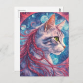 長いピンクの髪の編み物を持つ猫 ポストカード (正面/裏面)