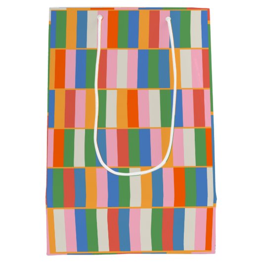 長いブロックカラフルチェックポップ・アートのパターン ミディアムペーパーバッグ (裏面)