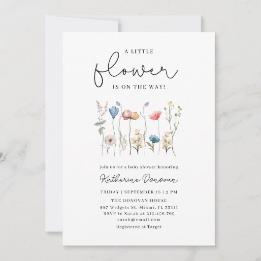 長いミニマル茎の野生の花の赤ちゃんシャワー 招待状 (正面)