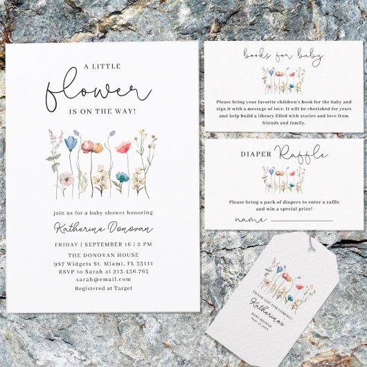 長いミニマル茎の野生の花の赤ちゃんシャワー 招待状