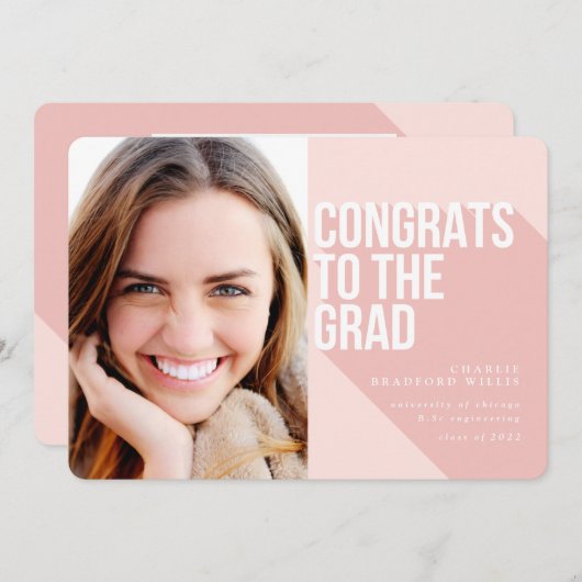 長い影のおめでとうのグレーの赤面ピンク 招待状 (正面/裏面)