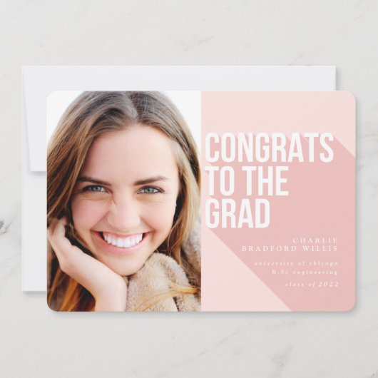 長い影のおめでとうのグレーの赤面ピンク 招待状 (正面)