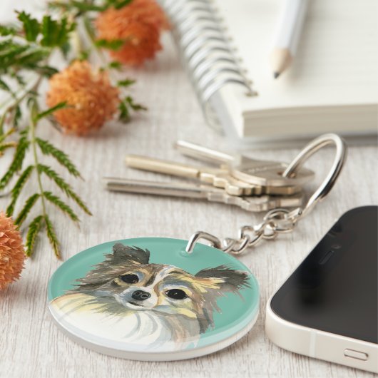 長い毛のチワワの水彩画のポートレート キーホルダー (正面右)