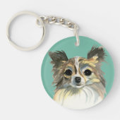 長い毛のチワワの水彩画のポートレート キーホルダー (正面)