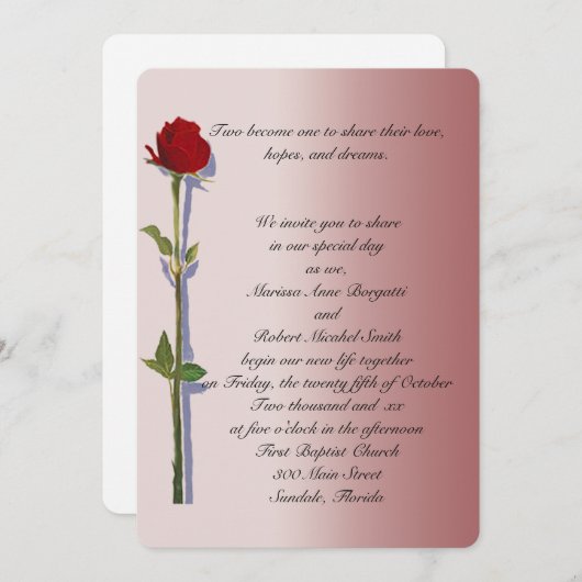 長い茎のばら色の結婚式招待状 招待状 (正面/裏面)