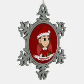 長い茶色の髪のクリスマスガール スノーフレークピューターオーナメント (左)