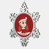長い茶色の髪のクリスマスガール スノーフレークピューターオーナメント (右)