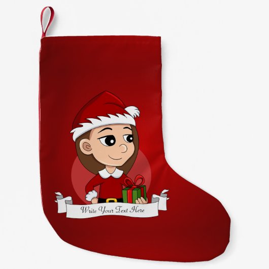 長い茶色の髪のクリスマスガール スモールクリスマスストッキング (正面)