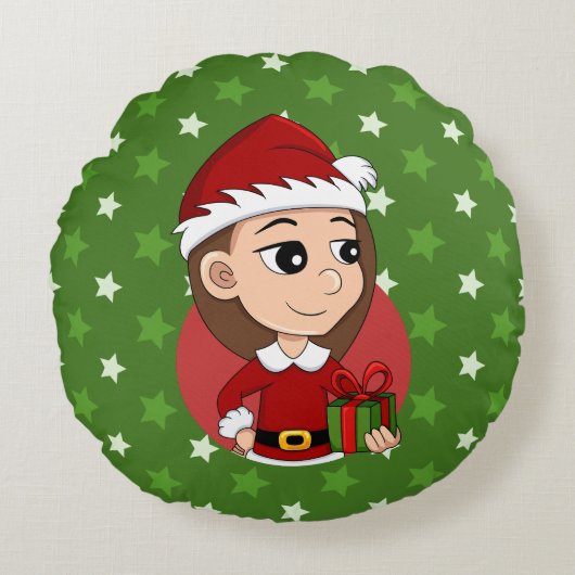 長い茶色の髪のクリスマスガール ラウンドクッション (正面)