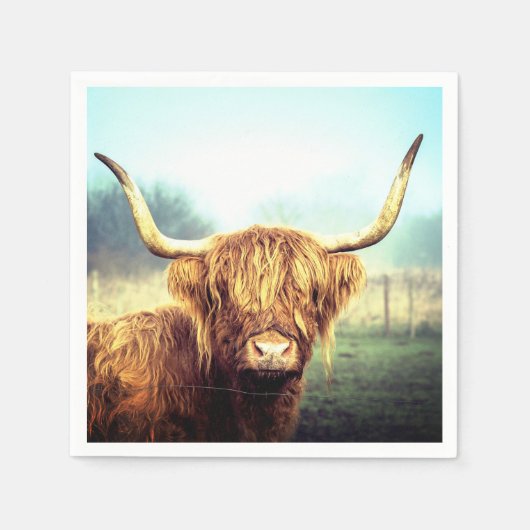 長い角の付いた牛 スタンダードカクテルナプキン (正面)