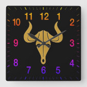 長い角の虹の色数を持つ金ゴールド牛 スクエア壁時計 (正面)