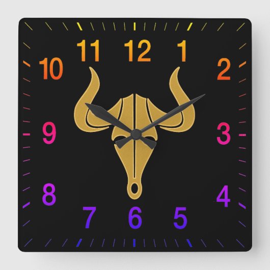 長い角の虹の色数を持つ金ゴールド牛 スクエア壁時計 (正面)