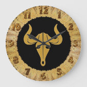 長い角の金ゴールド牛1 ラージ壁時計 (正面)