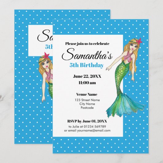 長い金髪の水彩人魚 招待状 (正面/裏面)