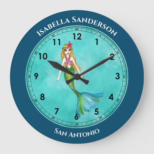 長い金髪の美しい人魚 ラージ壁時計 (正面)