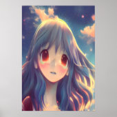 長い青い髪のアニメの少女 | AIアートポスター ポスター (正面)