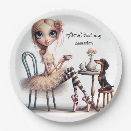 長い首の幅の広い目初期のの女の子と犬 ペーパープレート (正面)