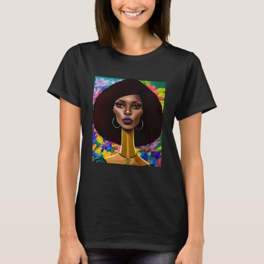 長い首アフロ黒人女性と花5 Tシャツ (正面)
