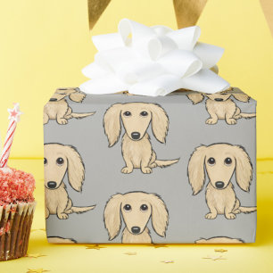長い髪のクリーム色のダックスフントパターン かわいい犬 ラッピングペーパー