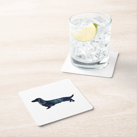 長い髪のダックスフントシルエット黒水彩 スクエアペーパーコースター (インサイチュ)