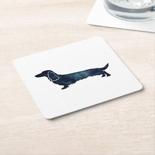 長い髪のダックスフントシルエット黒水彩 スクエアペーパーコースター (アングル)