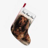 長い髪のダックスフント犬 スモールクリスマスストッキング (正面 (吊り時))