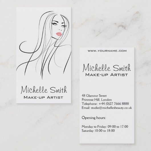 長い髪のヘアスタイリスト兼メイクアップアーティストのブランディング 名刺 (正面/裏面)