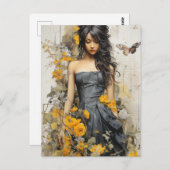 長い髪の黄色い花を持つ美しい女性 ポストカード (正面/裏面)