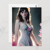 長い黒いピンクの花を持つ美しい女性 ポストカード (正面/裏面)