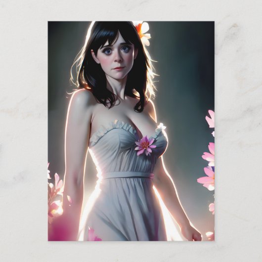 長い黒いピンクの花を持つ美しい女性 ポストカード (正面)