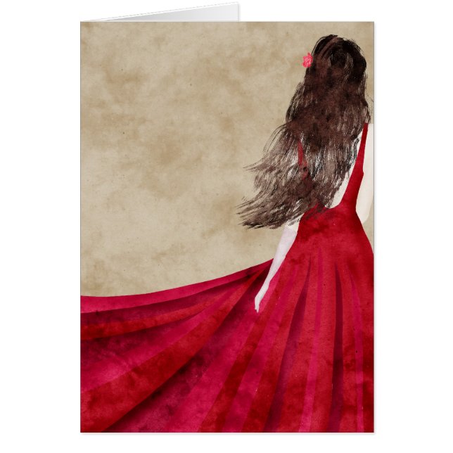 長い黒い髪カードを持つ若い女性 (正面)