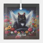 長おもしろい毛黒鬼とエンジェル猫 ガラスオーナメント (正面)