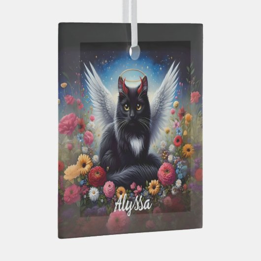 長おもしろい毛黒鬼とエンジェル猫 ガラスオーナメント (正面右)