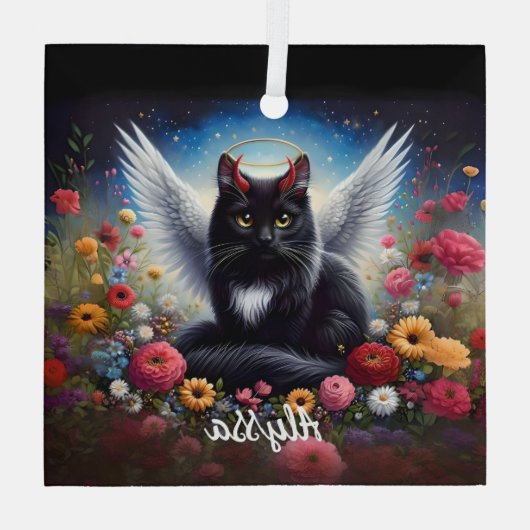 長おもしろい毛黒鬼とエンジェル猫 ガラスオーナメント (裏面)