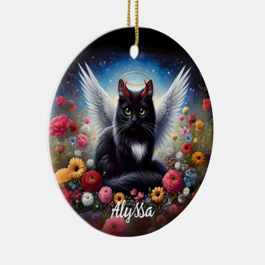 長おもしろい毛黒鬼とエンジェル猫 セラミックオーナメント (右)