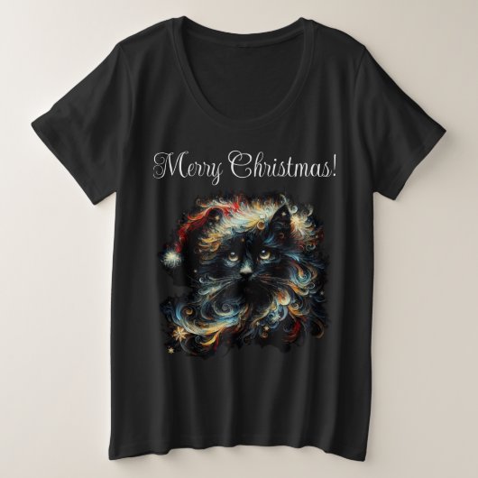 長お洒落髪ブラックキャットサンタクリスマスハット プラスサイズTシャツ (デザイン正面)
