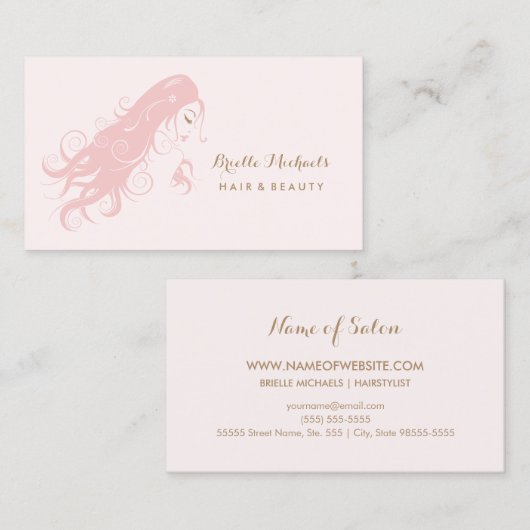長く流れる髪のシックなピンクのヘアスタイリストの女性 名刺 (正面/裏面)