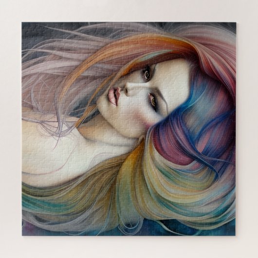 長く流れる髪のトリプトを持つ美しいパステルレディ ジグソーパズル (横)