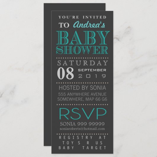 長のモダンなターコイズのタイポグラフィのベビーシャワー 招待状 (正面/裏面)