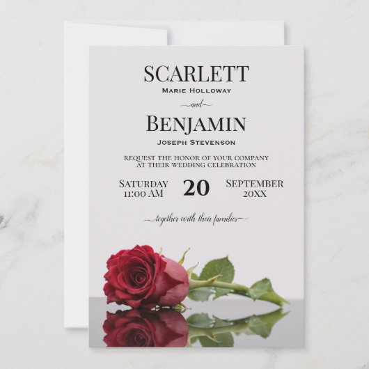 長エレガント茎クリムゾンレッド結婚ローズ 招待状 (正面)