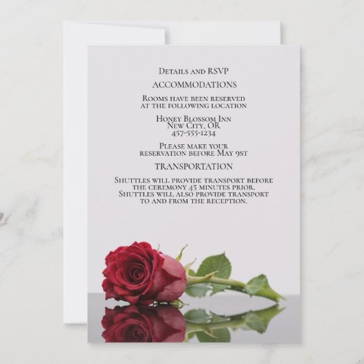 長エレガント茎クリムゾンレッド結婚ローズ 招待状 (裏面)